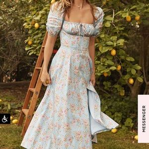 House of CB Tallulah Blue Vintage Floral Puff Sleeve Midi Dress Size L